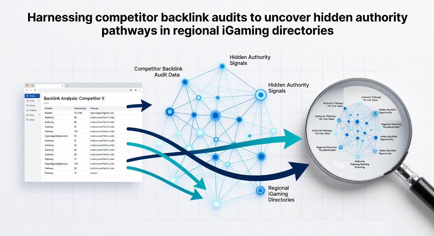 Diagram showing competitor backlink profiles mapped across regional iGaming directories with authority pathways highlighted