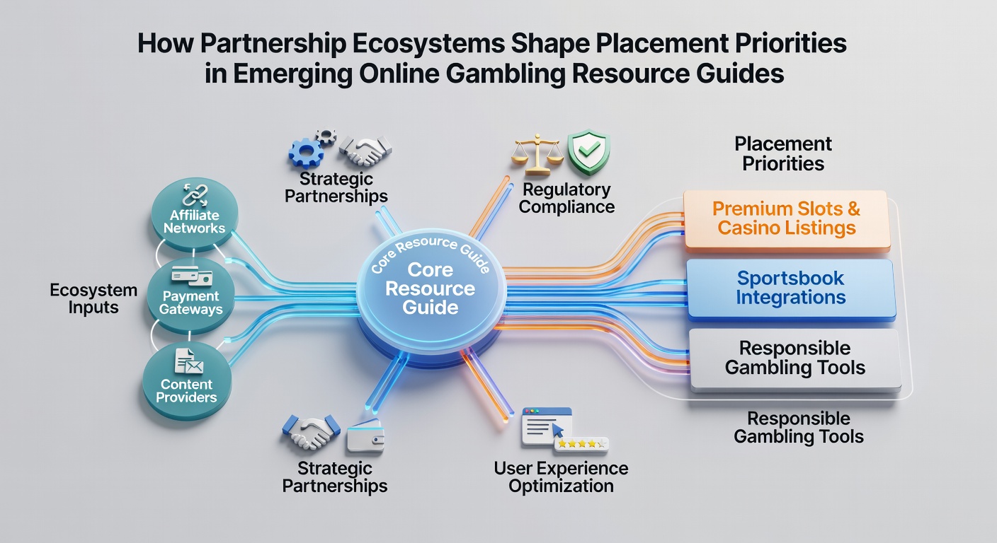 Network diagram showing interconnected partnerships between online casinos, affiliate platforms, and data providers influencing guide placements