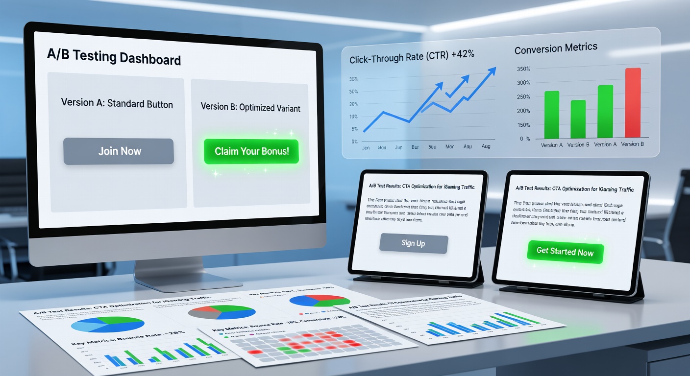 Dashboard displaying A/B test results for call-to-action buttons on an iGaming affiliate comparison page