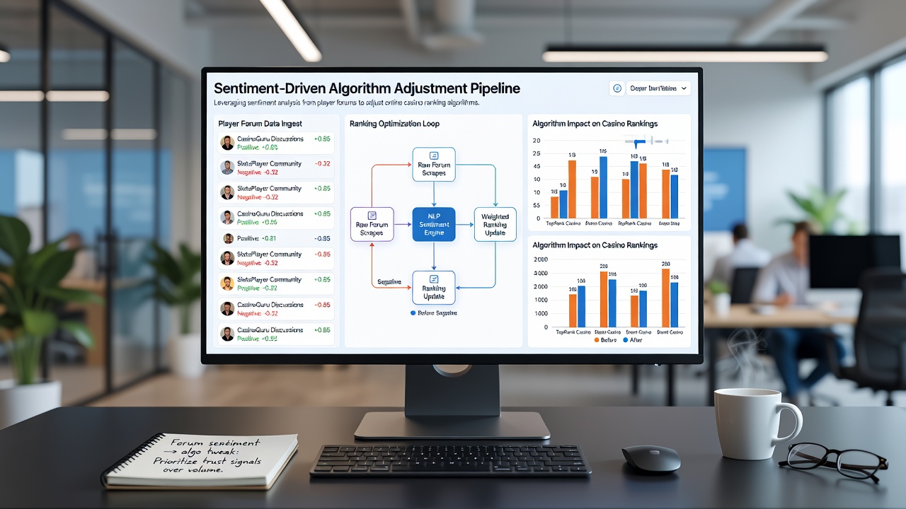 Flowchart showing integration of forum sentiment scores into affiliate casino ranking models