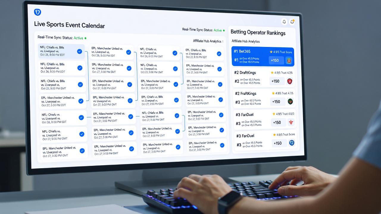 Affiliate content hub interface displaying synchronized sports calendar and operator rankings side by side